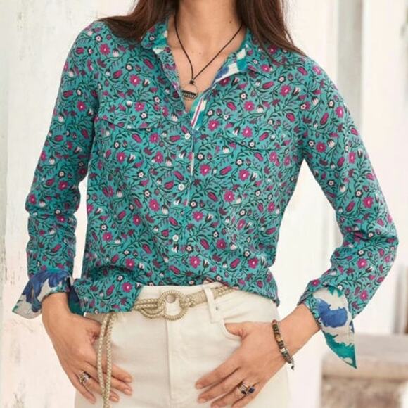 Sundance Floral Joy Button Down Shirt Long Sleeve Blue Purple Green Boho Size S - Picture 14 of 15